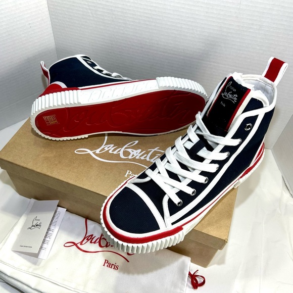 NEW 2024! CHRISTIAN LOUBOUTIN PEDRO FLAT HIGHTOP SNEAKERS MARINE RED WHITE 44 - Picture 10 of 15